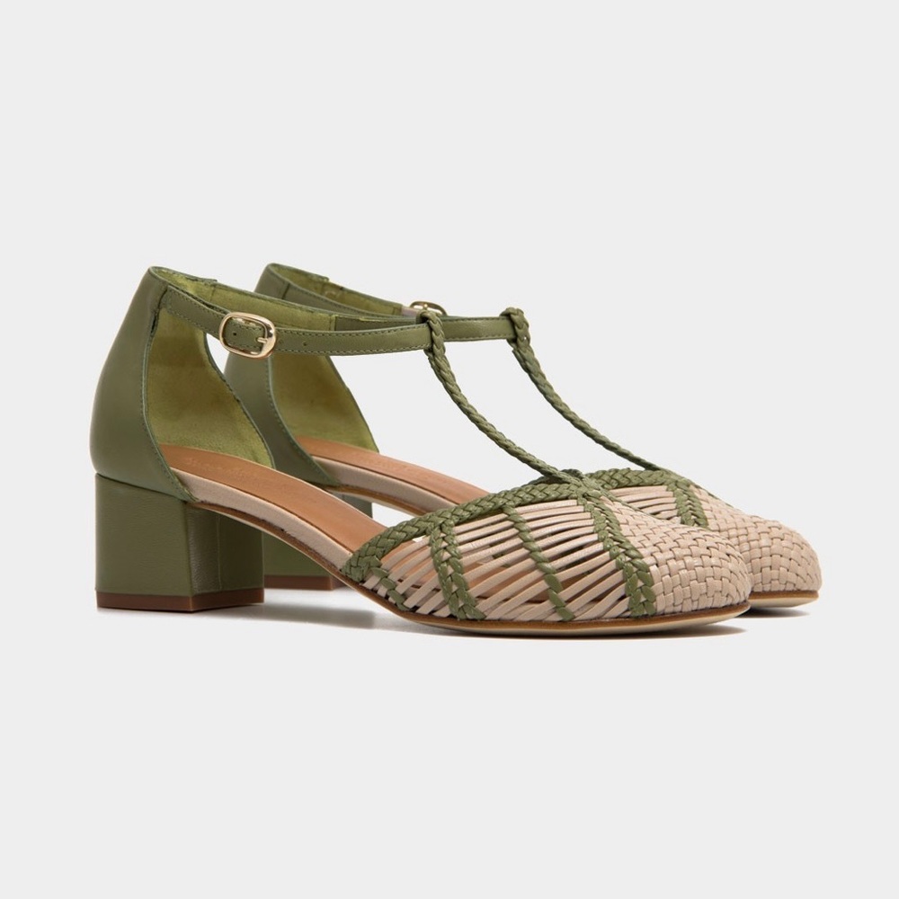 Anthropologie T-Strap Block Heels Green Woven Shoes Size 36 6 6.5 Naguisa Spain